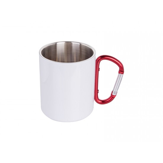  11 oz Sublimation Stainless Steel Mug - White with Red Carabiner Handle ( B12GW )   FL-9